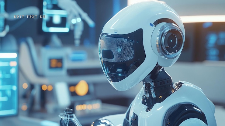 PSD futuristic medical robot in a sterile hightech operating room