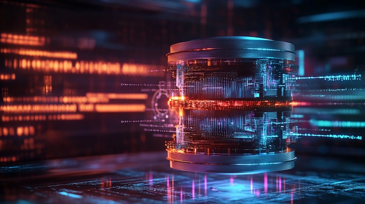PSD futuristic metallic cylinder with glowing circuits and digital code background