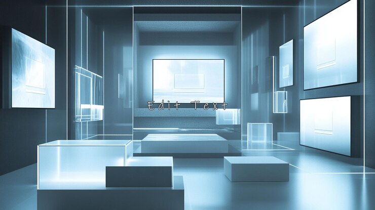 PSD futuristic minimalist gallery interior with glowing displays