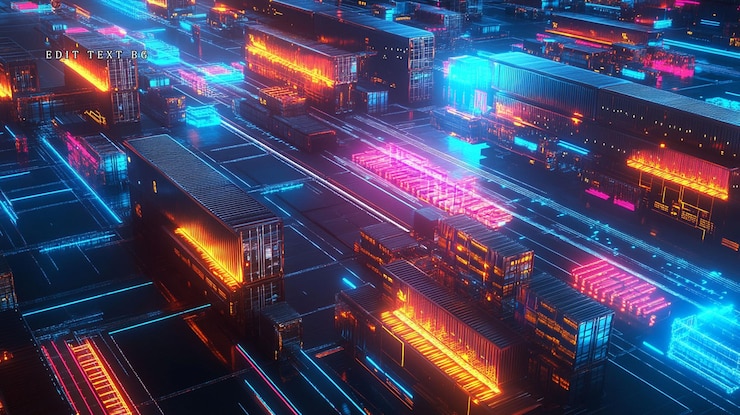 PSD futuristic neon cityscape with glowing containers and digital lines