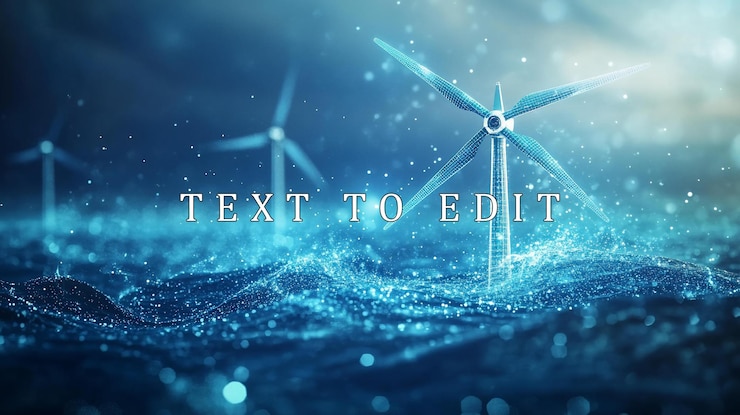 PSD futuristic offshore wind turbines generating clean energy over a digital ocean