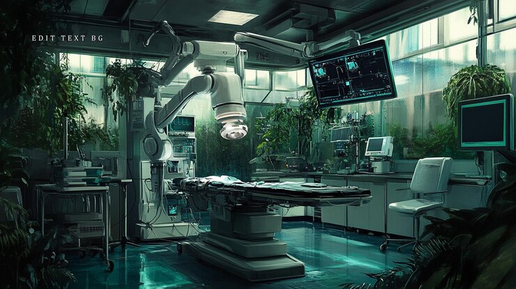 PSD futuristic operating room with advanced robotic surgery equipment and lush indoor plants