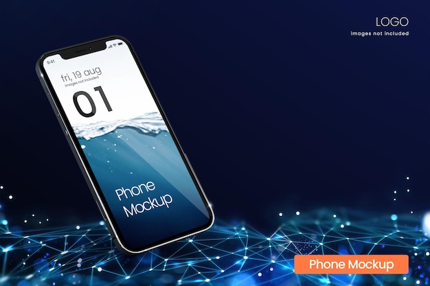 PSD futuristic phone screen mockup on blue geometrical background