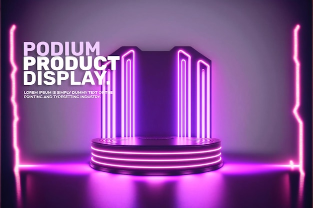 Futuristic podium stage display mockup product presentation neon light scene for product display