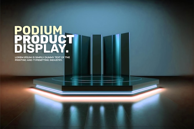 PSD futuristic podium stage display mockup product presentation neon light scene for product display