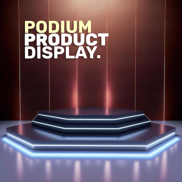 PSD futuristic podium stage display mockup product presentation neon light scene for product display