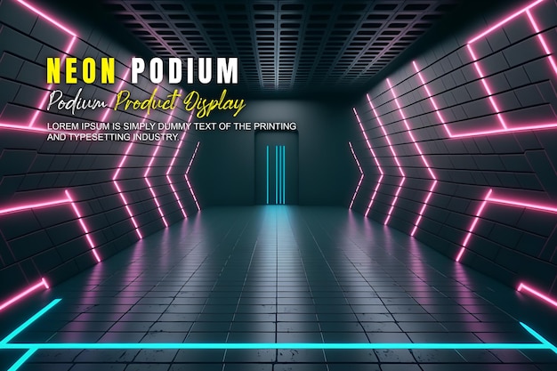 PSD futuristic podium stage display mockup product presentation with neon light scene product dispaly