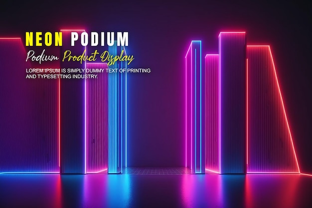 PSD futuristic podium stage display mockup product presentation with neon light scene product dispaly