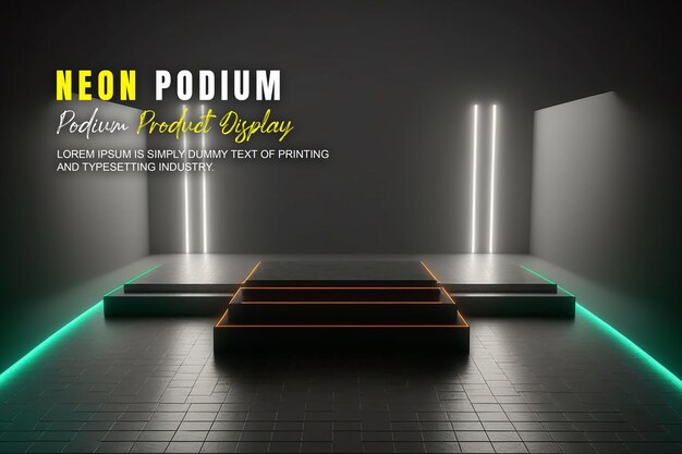 PSD futuristic podium stage display mockup product presentation with neon light scene product dispaly