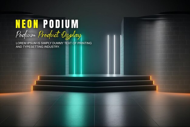 PSD futuristic podium stage display mockup product presentation with neon light scene product dispaly