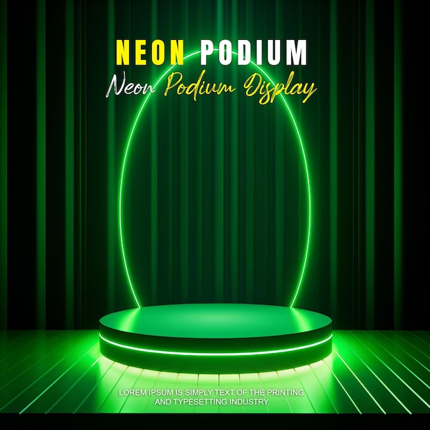 PSD futuristic podium stage display mockup product presentation with neon light scene product dispaly