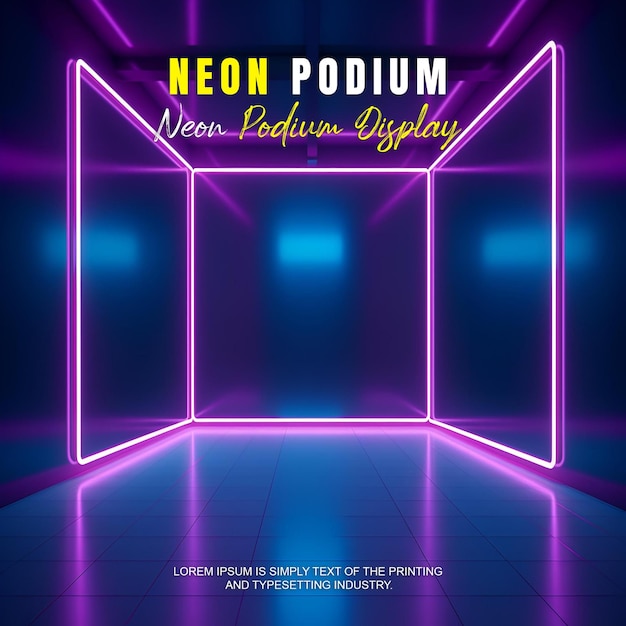 PSD futuristic podium stage display mockup product presentation with neon light scene product dispaly