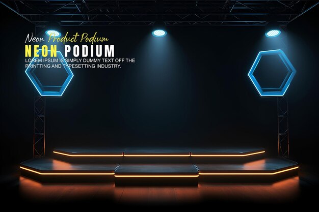 Futuristic podium stage display mockup product presentation with neon light scene product dispaly