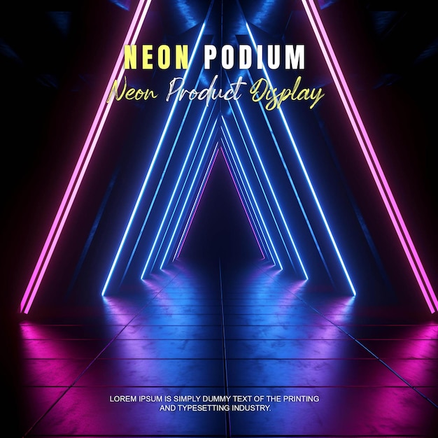 PSD futuristic podium stage display mockup product presentation with neon light scene product dispaly