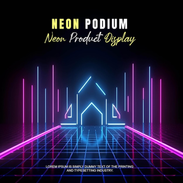 PSD futuristic podium stage display mockup product presentation with neon light scene product dispaly