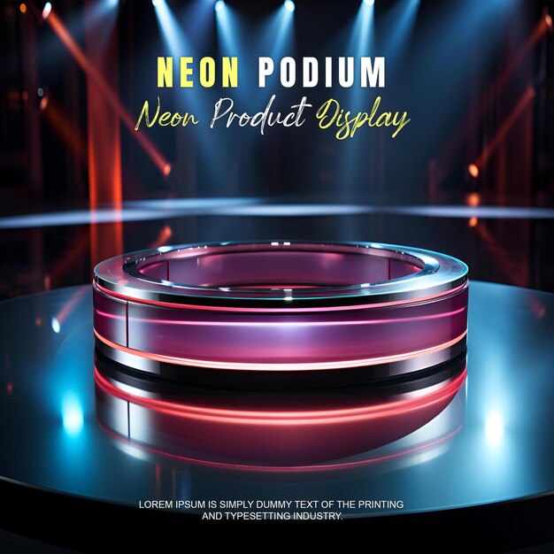 PSD futuristic podium stage display mockup product presentation with neon light scene product dispaly