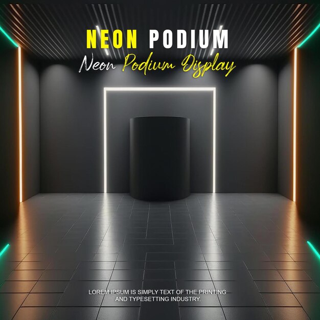 PSD futuristic podium stage display mockup product presentation with neon light scene product dispaly