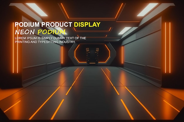 PSD futuristic podium stage display mockup product presentation with neon light scene product dispaly