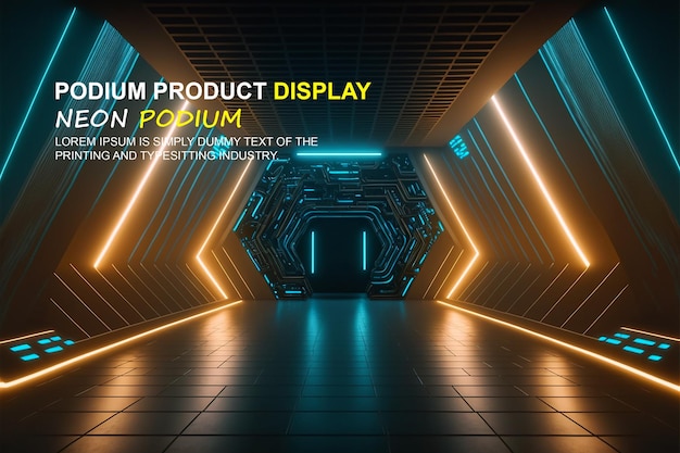 PSD futuristic podium stage display mockup product presentation with neon light scene product dispaly