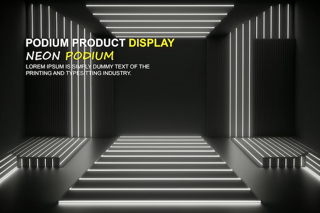 PSD futuristic podium stage display mockup product presentation with neon light scene product dispaly