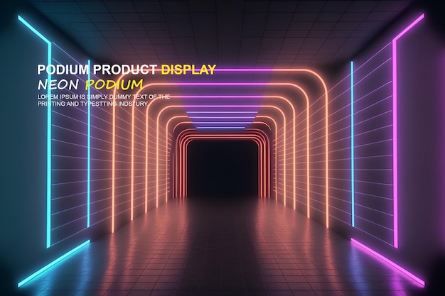 PSD futuristic podium stage display mockup product presentation with neon light scene product dispaly