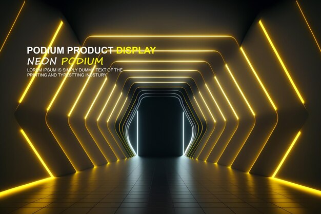 PSD futuristic podium stage display mockup product presentation with neon light scene product dispaly