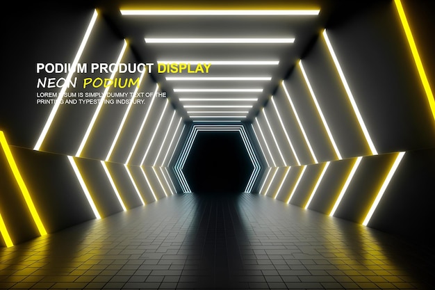 PSD futuristic podium stage display mockup product presentation with neon light scene product dispaly