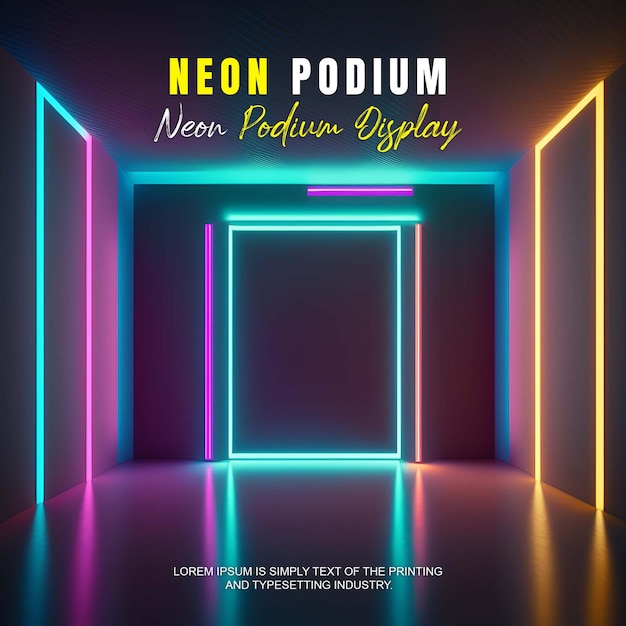 PSD presentazione di un modello di prodotto su un palco futuristico con scena di luce al neon