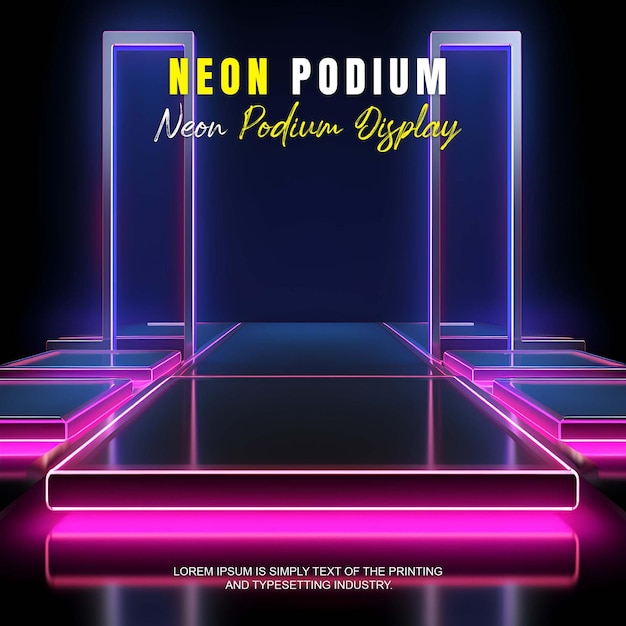 PSD futuristic podium stage display mockup product presentation with neon light scene product display