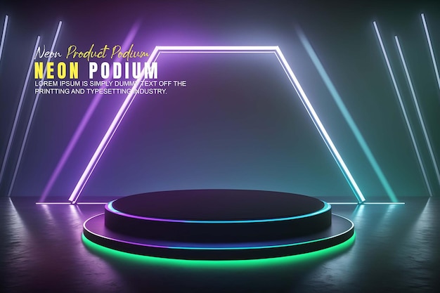 PSD futuristic podium stage display mockup product presentation with neon light scene product display