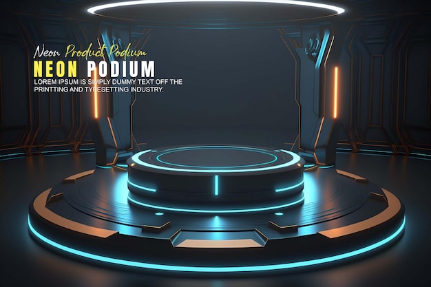 Futuristic podium stage display mockup product presentation with neon light scene product display