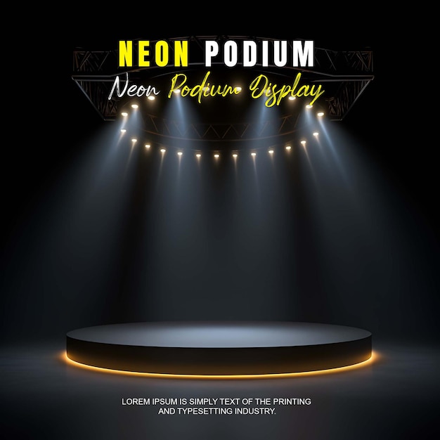 PSD futuristic podium stage display mockup product presentation with neon light scene product display