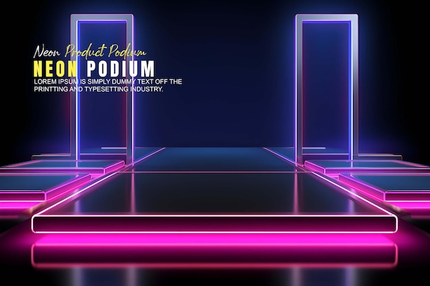 PSD futuristic podium stage display mockup product presentation with neon light scene product display