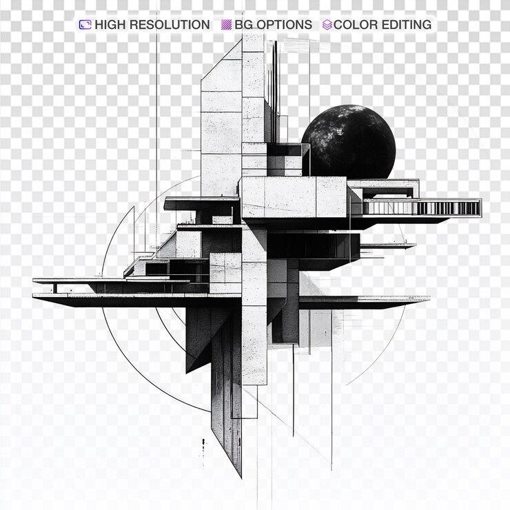 PSD futuristic polygonal bauhaus architecture with celestial elements