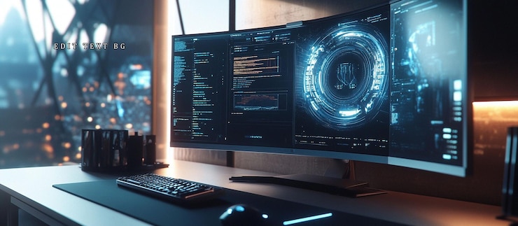 PSD futuristic programmers workspace with a large curved monitor displaying complex code and data