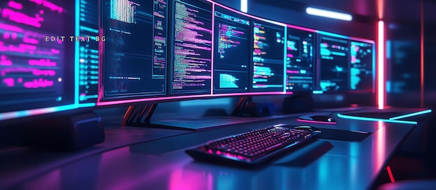 Futuristic programmers workspace with multiple monitors displaying colorful code