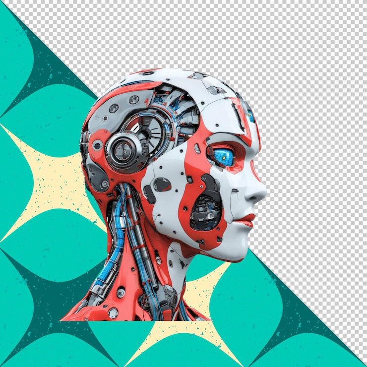 PSD futuristic red and white female robot head profile