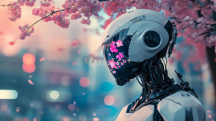 PSD futuristic robot amidst cherry blossoms