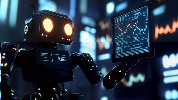 futuristic robot analyzing stock market data on a tablet