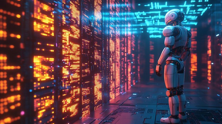 PSD futuristic robot examining data streams in a server room