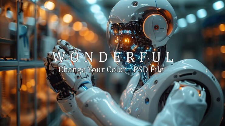 PSD futuristic robot in a factory setting