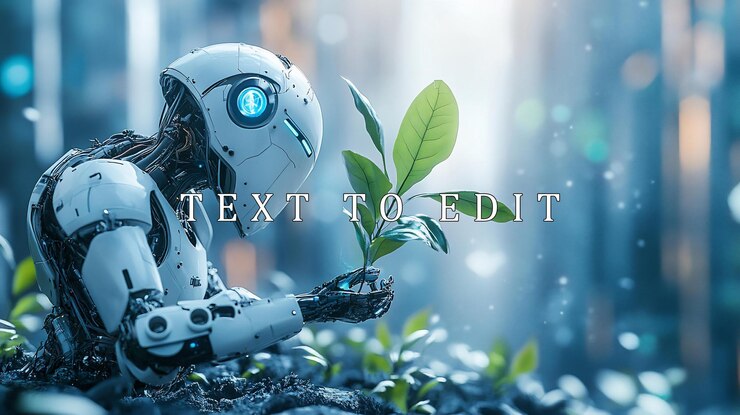 PSD a futuristic robot gently cradles a young plant in a blurred city background symbolizing technological harmony with nature