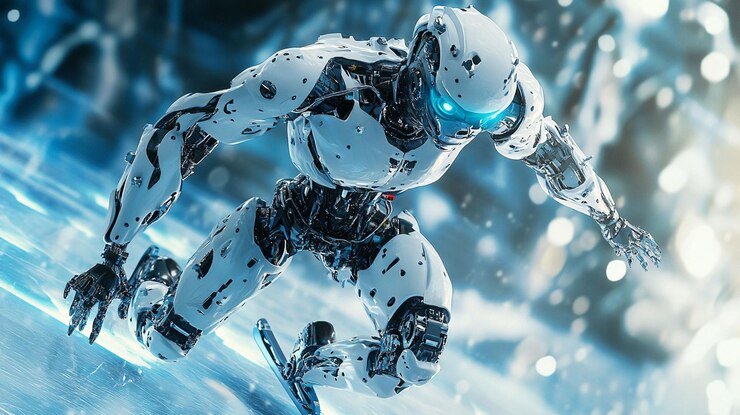 PSD futuristic robot ice skating at night