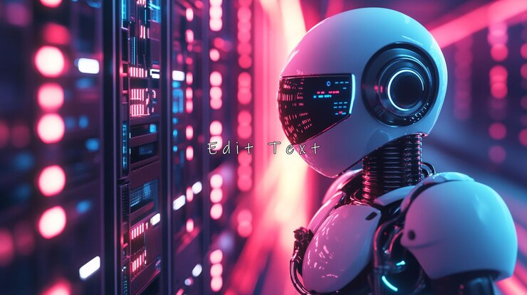 PSD futuristic robot monitoring server room