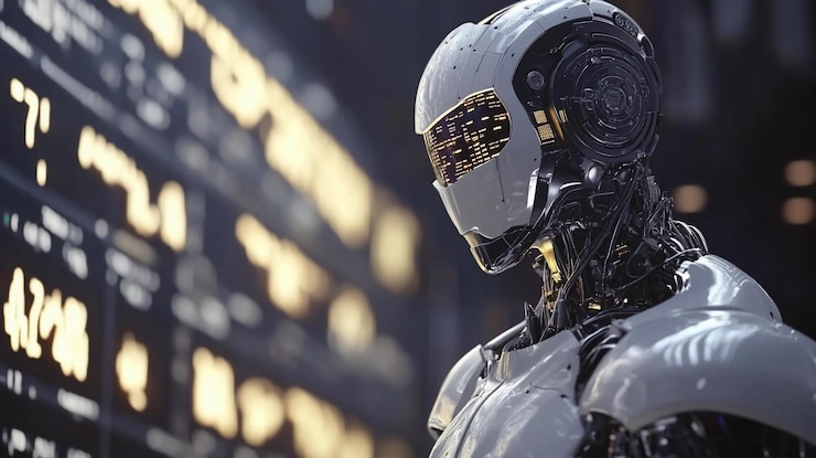 PSD futuristic robot observing data on a digital screen