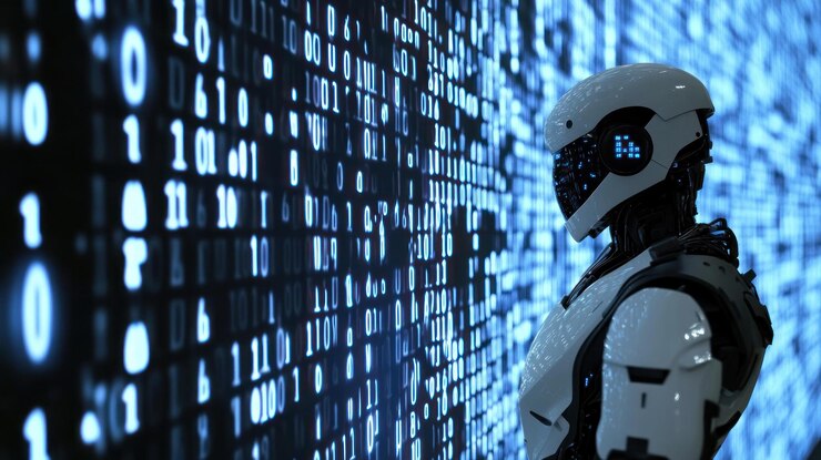 PSD futuristic robot standing before a binary code wall 1