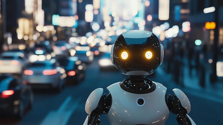 PSD futuristic robot standing in a busy city at night