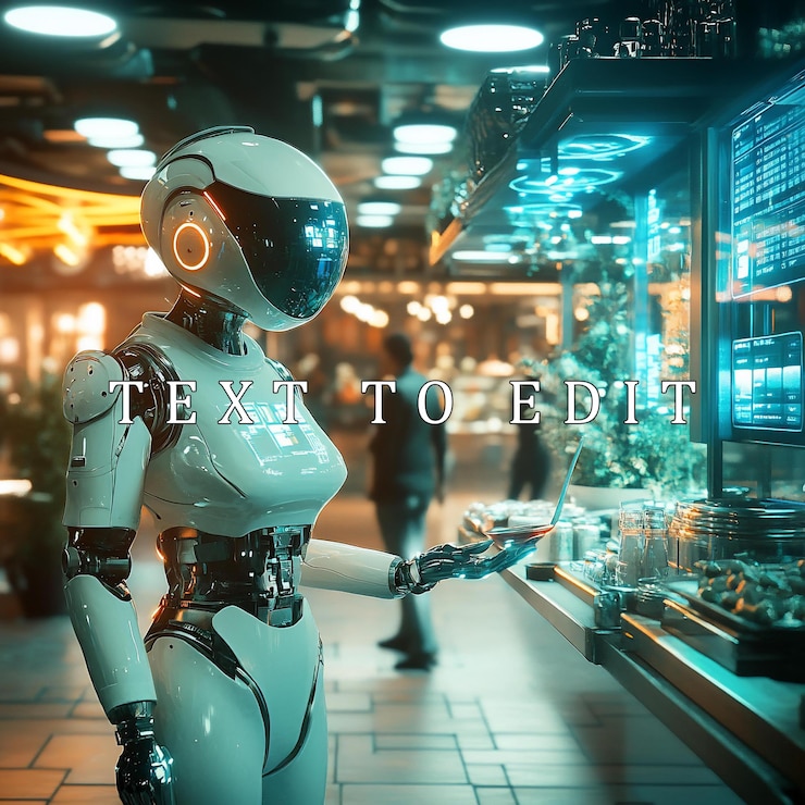 PSD futuristic robot waitress serving in a cyberpunk food stall