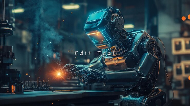 PSD futuristic robot welding in a factory