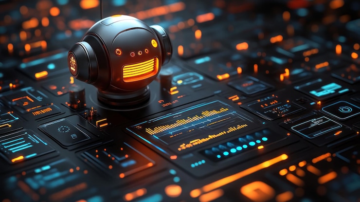 PSD a futuristic robot with glowing eyes stands on a complex circuit board with glowing lines and data